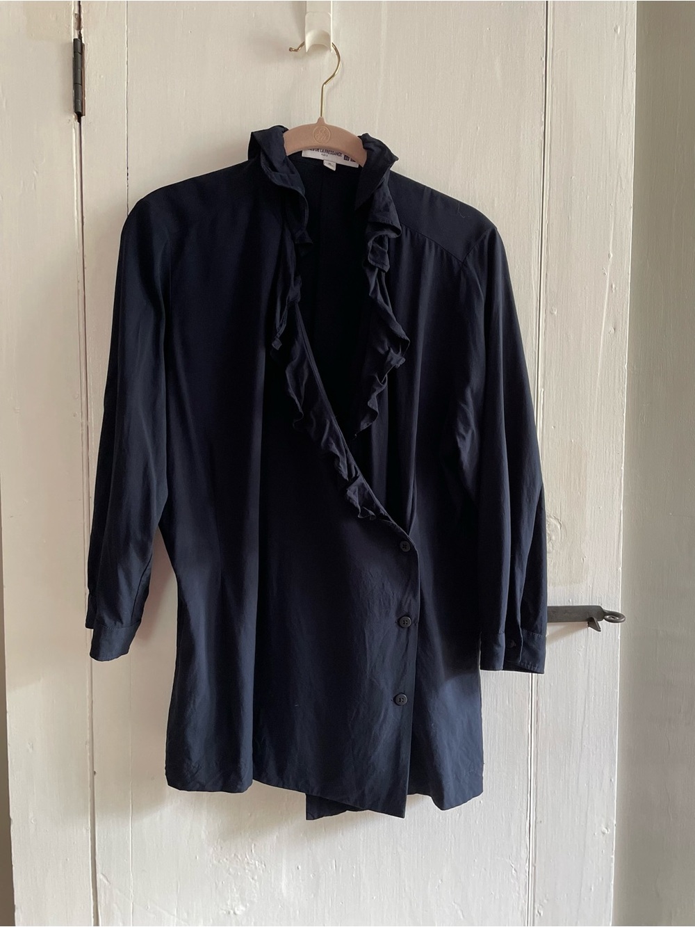 Ines De La Fressange UniQlo Co-Lab Women’s Ruffle-Trim Navy Wrap Front Top XL
